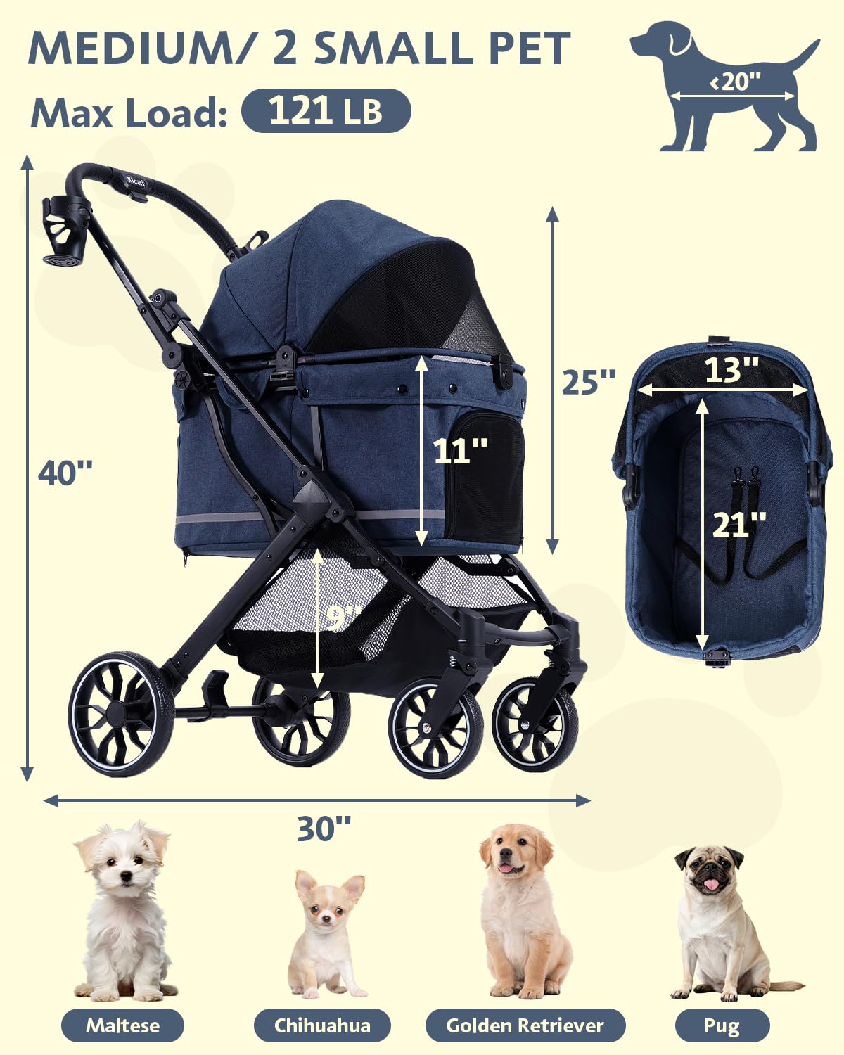 Dog Stroller with Waterproof Rain Cover, Heavy-Duty All-Terrain 4-Wheel Pet Stroller with Adjustable Sunshade Canopy, Foldable Travel Dog Strollers for Small/Medium Dogs Up to 121 lbs