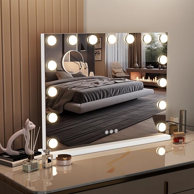 Vanity Mirror with Lights and Bluetooth, 23"X18" Hollywood Mirror for Desk/Wall-Mount, 3 Color Modes Light up Mirror with 15 LED Bulbs USB Charging Port and 10X Magnification, Gifts for Women