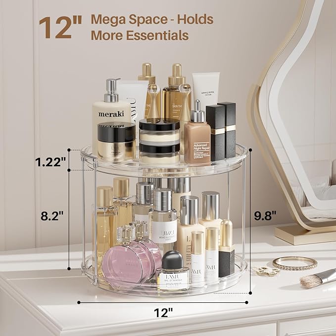 LAMU 2Pack 2 Tier Lazy Susan Organizer 12 inch Large Lazy Susan Turntable Rotating Spice Rack Organization for Cabinet, Kitchen, Pantry, Countertop, Bathroom, Vanity, Medicine Cabinet Organizer, Clear