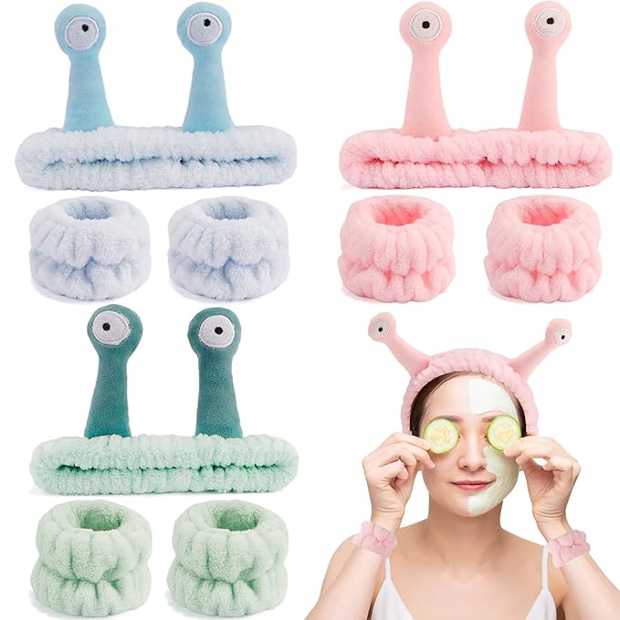SuPoo 9 Pcs Skincare Headbands Snail Spa Headband and Wristband Set Alien Pink Face Wash Wristbands Cute Makeup Hair Band for Washing Face Wrap Head Towel Wrist Towels for Shower