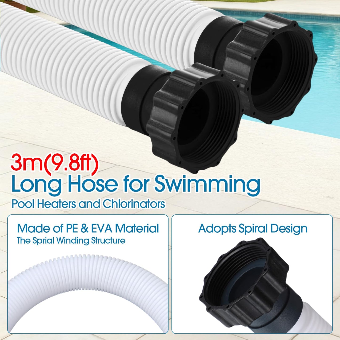 Frienda 10 ft Swimming Pool Replacement Hose - 1.5" Diameter Plastic Above Ground Hose Replacement Accessory for Home, Swimming Pool, Filter Pump, Saltwater Systems(White, Black)