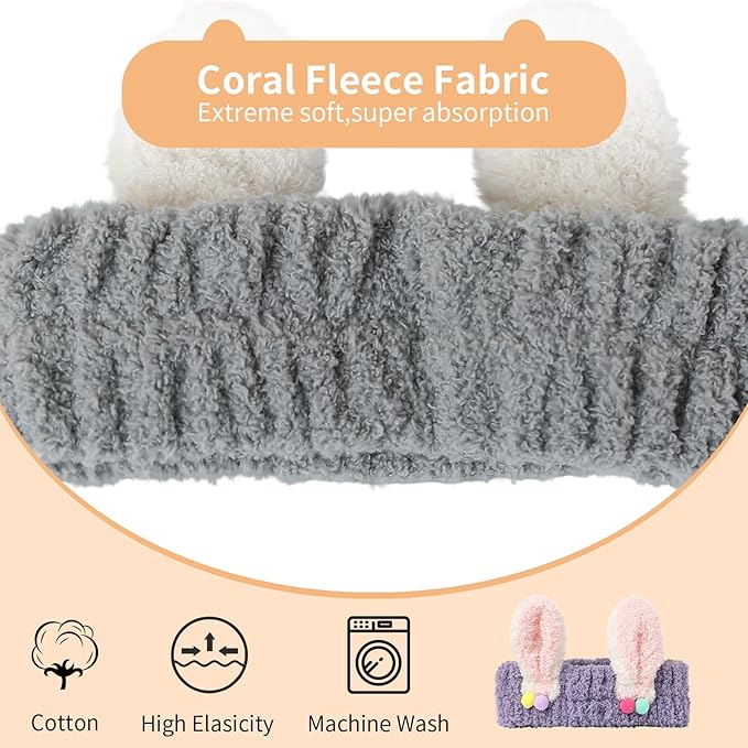 PERFECTSIGHT Kawaii Headband for Spa, Makeup, Washing Face, Party - 2 Pack Cute Hair Band for Shower Beauty Skincare, Soft Facial Headbands for Girls and Women (Purple+Gray Rabbit Ear)