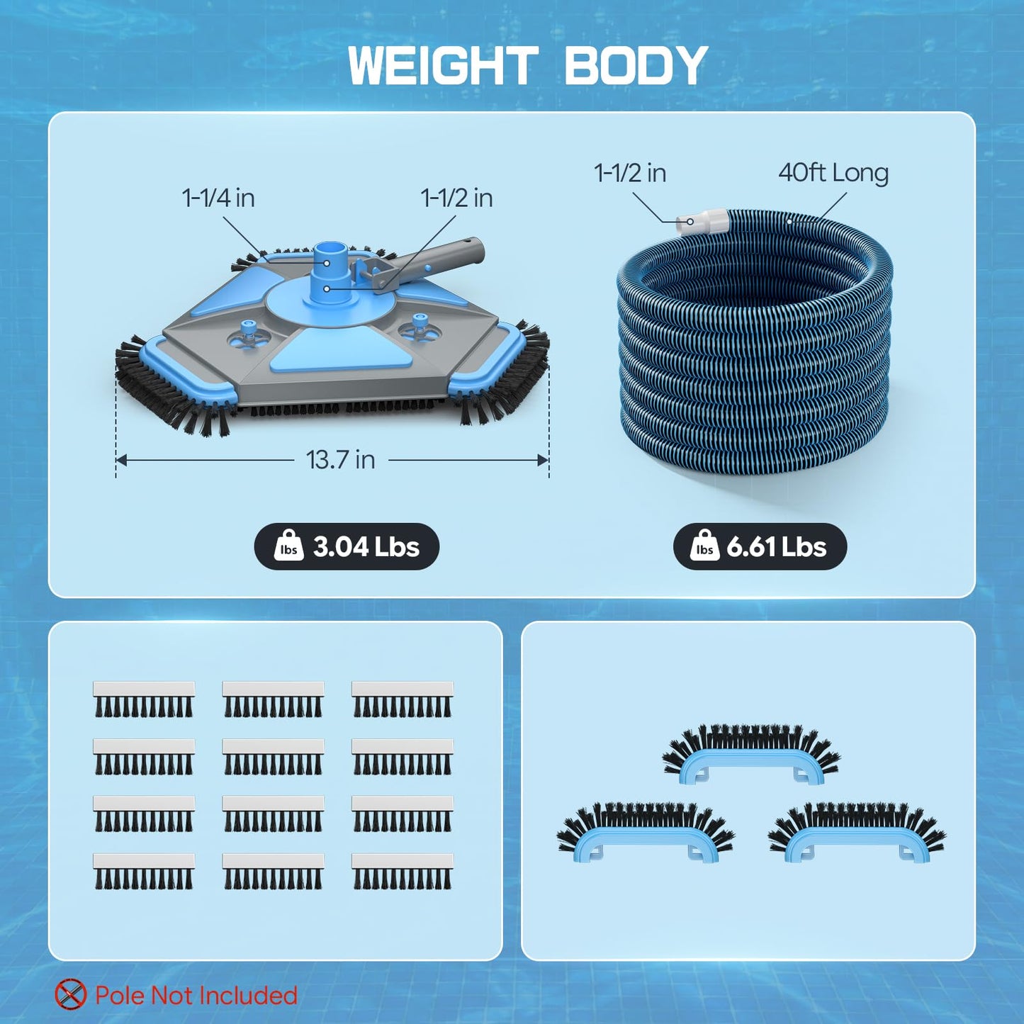 UIRWAY Upgrade Pool Vacuum Head with Side Brush & 360° Swivel Cuff, Heavy Duty Manual Kink-Resistant 1-1/2" x 40 Ft Vacuum Hoses, Weighted Triangular Shape for Inground & Above Ground Pool(No Pole)