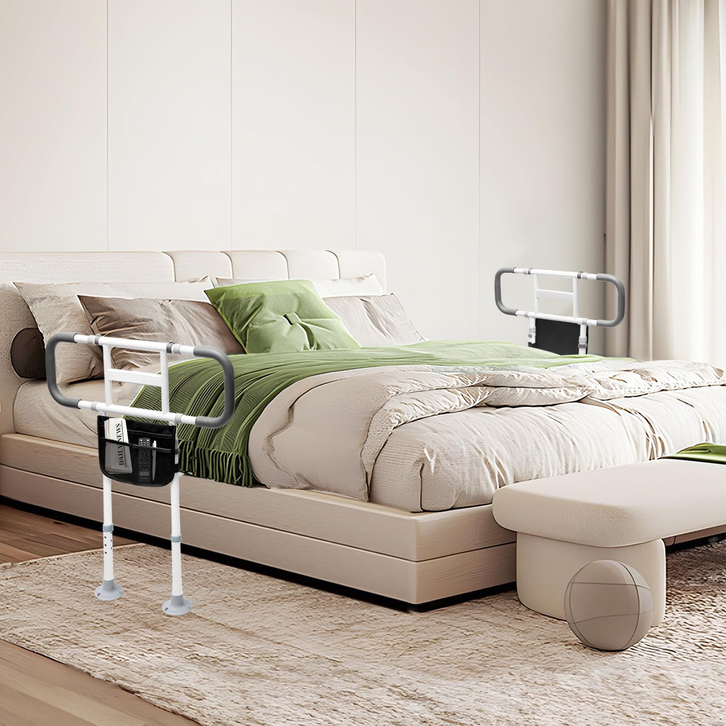 YEEGO DIRECT Bed Rails for Elderly Adults Safety, Adjustable Heights Bed Assist Rails for Seniors with Motion Light, Storage Pocket,Handle Handrails & Support Legs,Up to 400 Lbs Fit All Bed (Gray)