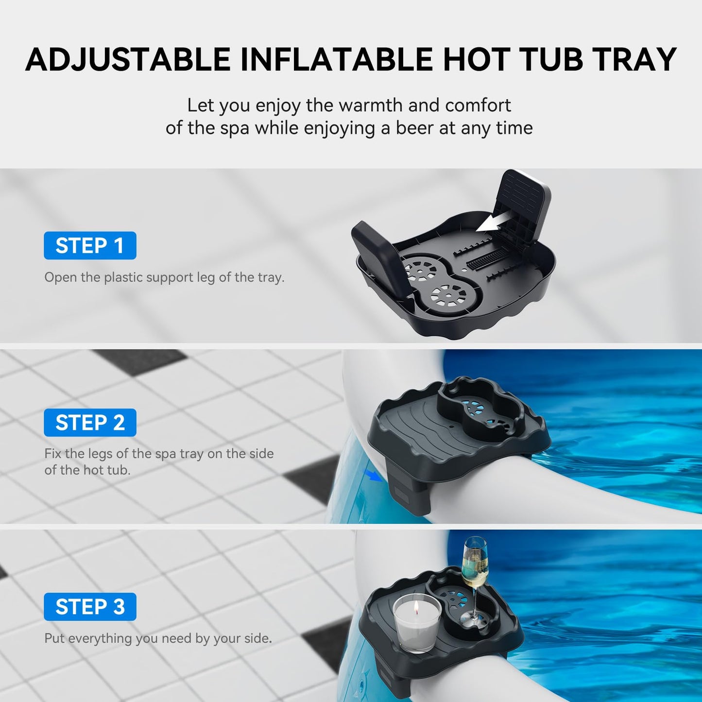 Anivia Hot Tub Table Tray, Adjustable Width 4.3" to 7.7" Hot Tub Accessories for Intex PureSpa, Nonslip Caddy Holds 2 Drinks, Keep Snacks-Drinks Handy and Dry,Fits Outdoor Inflatable Spa/Pool (Gray)