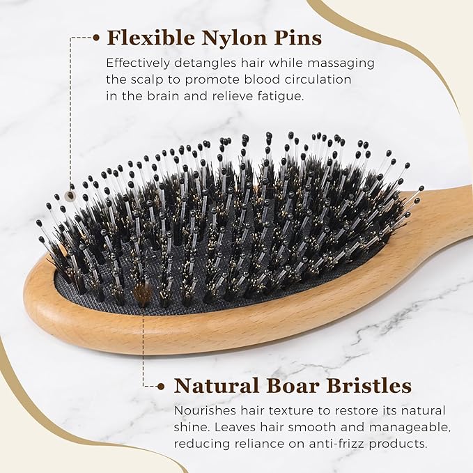 BLACK EGG Boar Bristle Brush for Wet/Dry Hair - Smoothing, Massaging, Detangling, Reduce Frizz, Restore Shine - Bamboo Brush for Women, Men, Kids