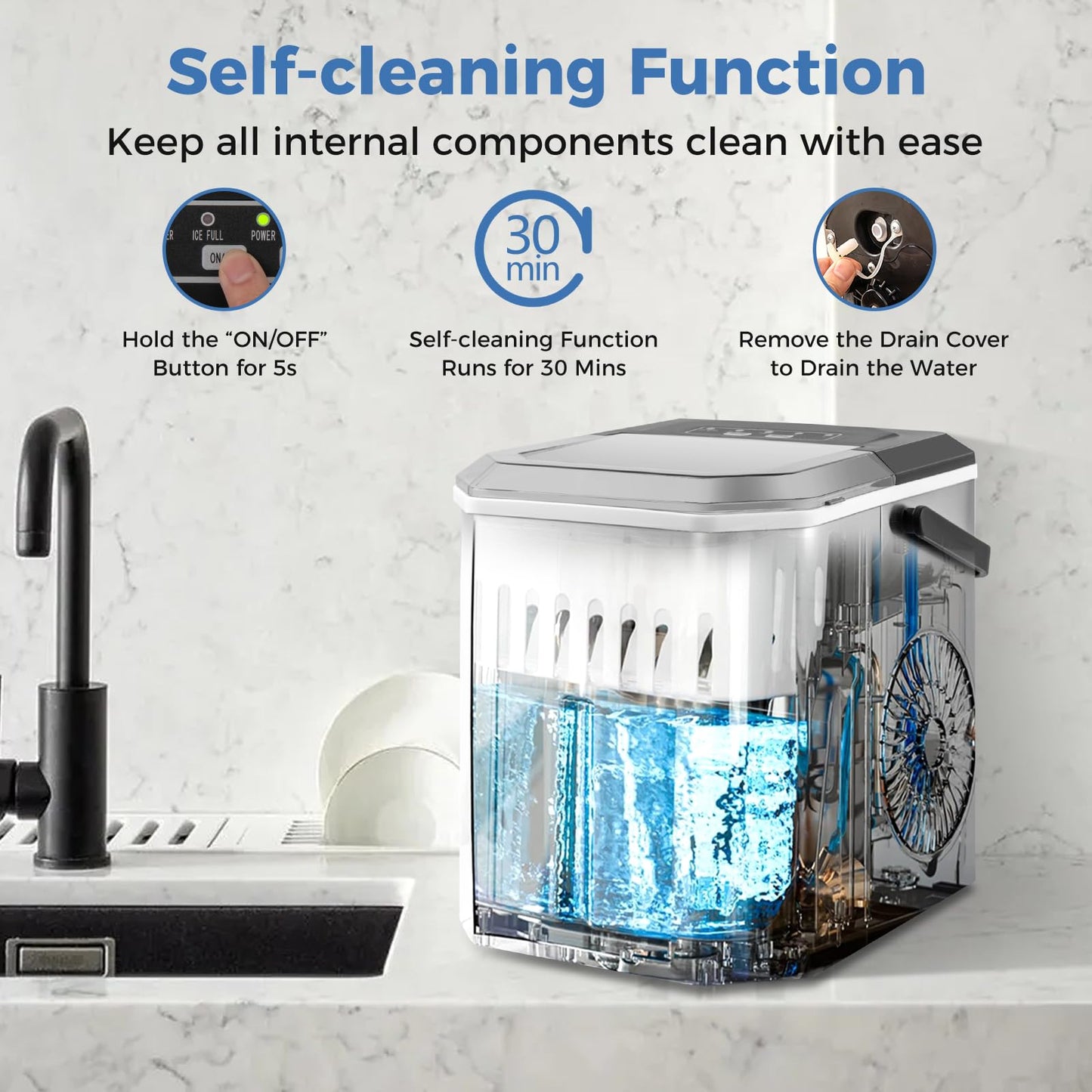 COSTWAY Countertop Ice Maker with Self-Cleaning, 9 Ice Cubes Ready in 6-13 Mins, 26.5Lbs/24H, 2 Sizes of Bullet Ice, Portable Ice Machine with Handle, Ice Scoop and Basket for Home Office (Silver)