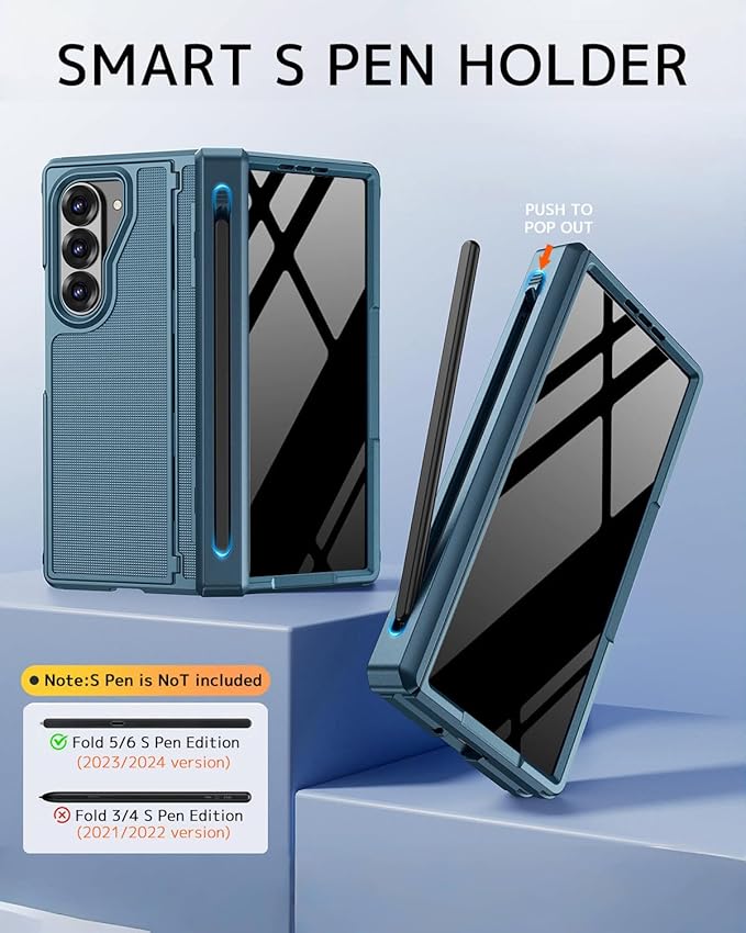 NINKI for Samsung Galaxy Z Fold 6 Case with S Pen Holder & Invisible Kickstand,Built in Privacy Screen Protector and Hinge,Shockproof Phone Cover for Samsung Z Fold 6 Case with Slim S Pen Slot – Blue