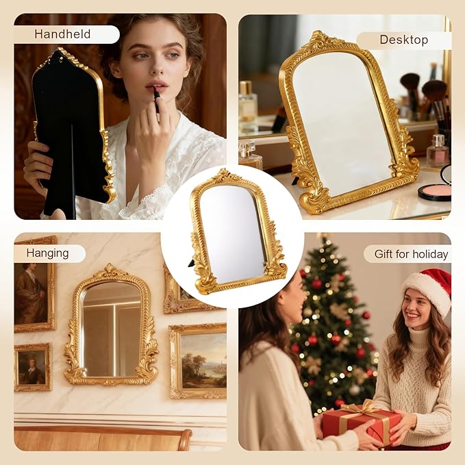 YUSONG Vintage Gold Mirror for Desk - 12" Vanity Mirrors with Resin Frame Decorative Wall Art for Tabletop Living Room Retro Decor