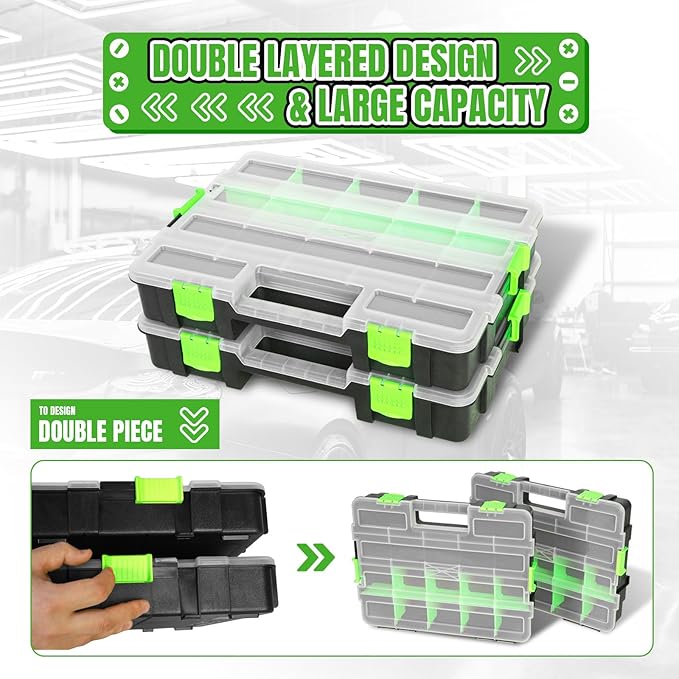 Tool Box with Transparent Lid, Single Side 17-Compartments Organizer Box with Removable Dividers for Hardware, Screws, Bolts, Nails, Beads, Jewelry and Fishing Accessories, Green, 2 Pack