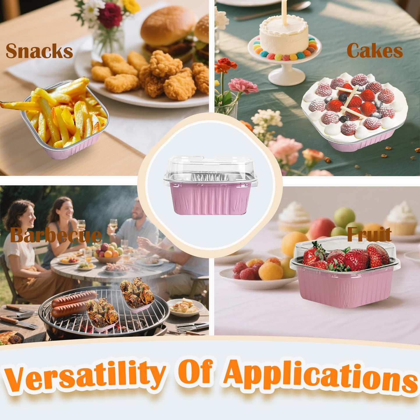 50 Pcs Mini Square Baking Cups with Lids,10oz Aluminum Foil Mini Cake Pans with Lids,Disposable Ramekins Cake Pans,300ml Dessert Cups Cupcake Pans for Wedding Birthday Party,Pink