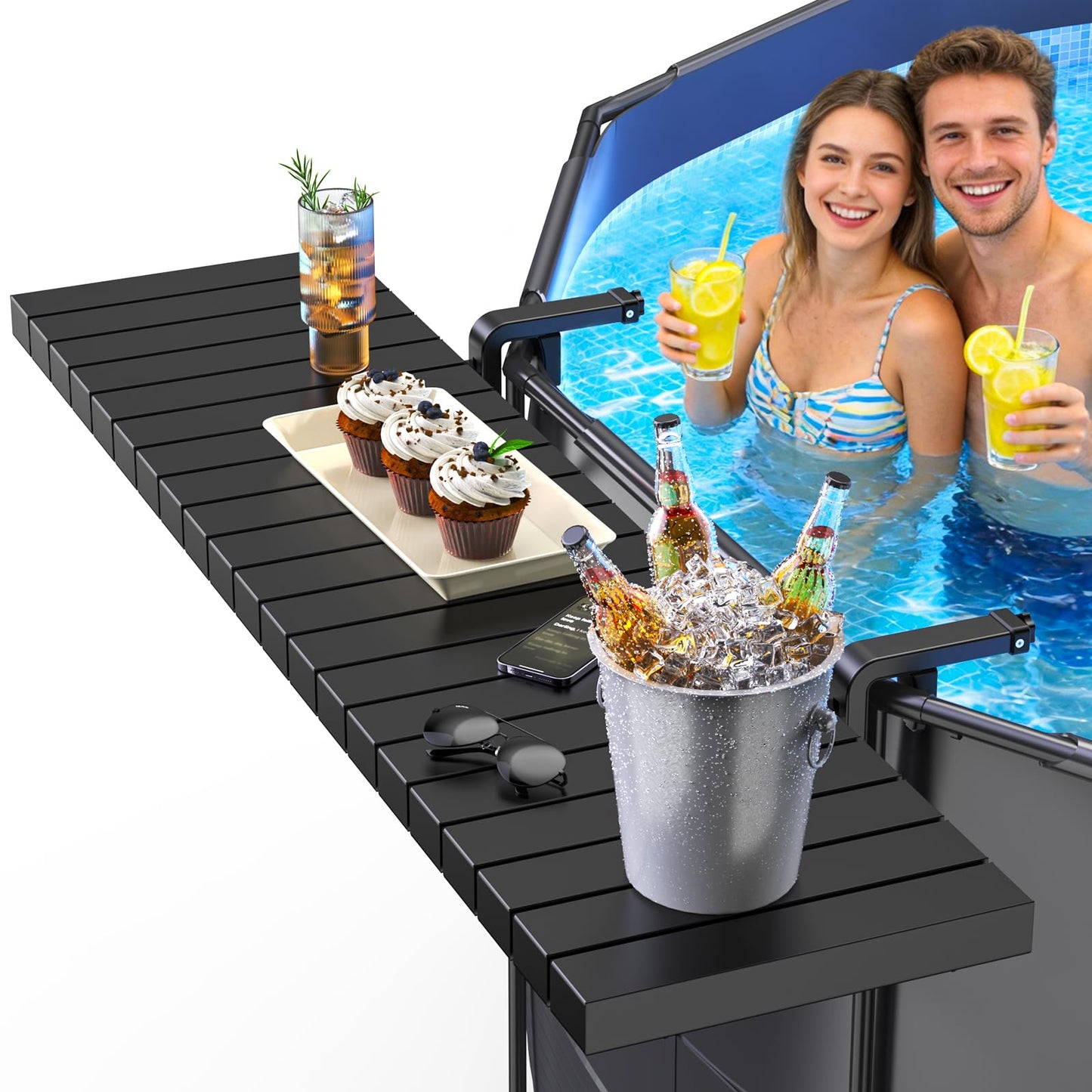 Pool Bar for Above Ground Pools, Stable Poolside Drink & Snack Table Supports Up to 110 lbs, Large Heavy-Duty Metal Poolside Bar Fits ≤4.4” Rails for Framed Round & Oval Pools, Ideal for Pool Parties