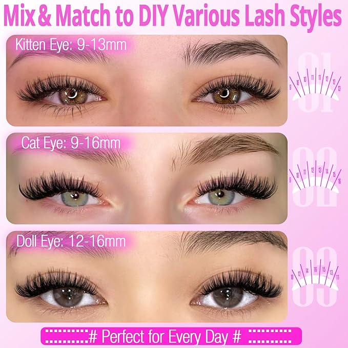 Yawamica Lash Clusters Kit 320pcs Eyelash Clusters D Curly 9-16mm 40D Individual Lashes Wispy Lash Extension Kit with Bond and Seal and Lash Remover and Lash Applicator for Eyelash Extension Beginners