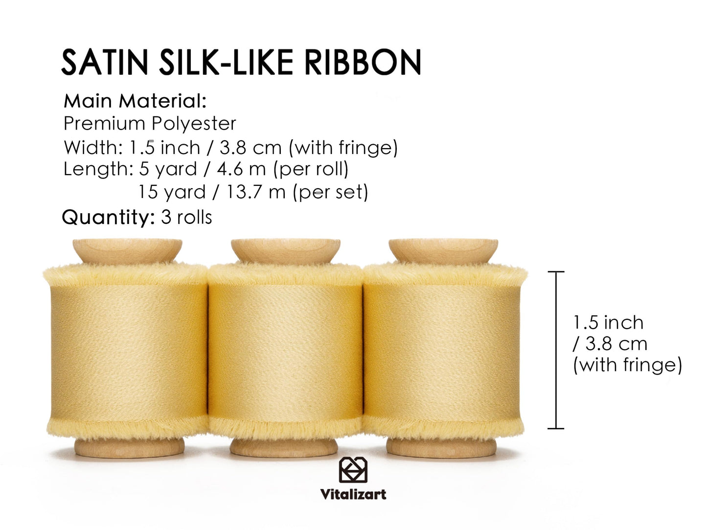 Vitalizart Gold Ribbon Silk Satin 1-1/2 inch x 15 Yard Metallic Handmade Frayed Ribbons for Gift Wrapping Baby Shower Wedding Bridal Bouquets Holiday Decor