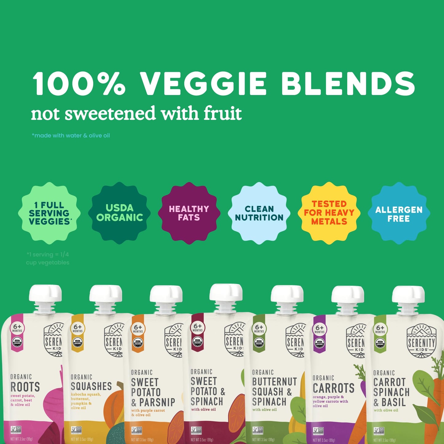 Serenity Kids USDA Organic Baby Food Pouches - No Added Sugar Baby Puree Pouch - Healthy Toddler Snacks & Meals - BPA-Free Recyclable Packaging - 18 Pack, 3.5 Oz