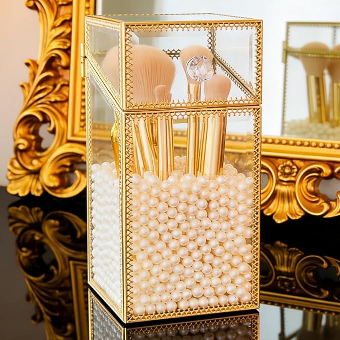 Makeup Brush Holder Organizer with Lid, Glass Cosmetic Make Up Brushes Container, Clear Makeup Tool Storage Box Cup with Pearls, Vintage Dustproof Vanity Decor for Countertop Desktop