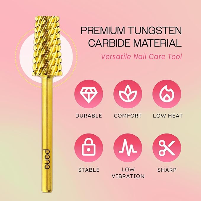 PANA Tapered Barrel Carbide 3/32" Shank Size - (Gold, Coarse Grit) - Fast remove Acrylic or Hard Gel Nail Drill Bit for Manicure Pedicure Salon Professional or Beginner