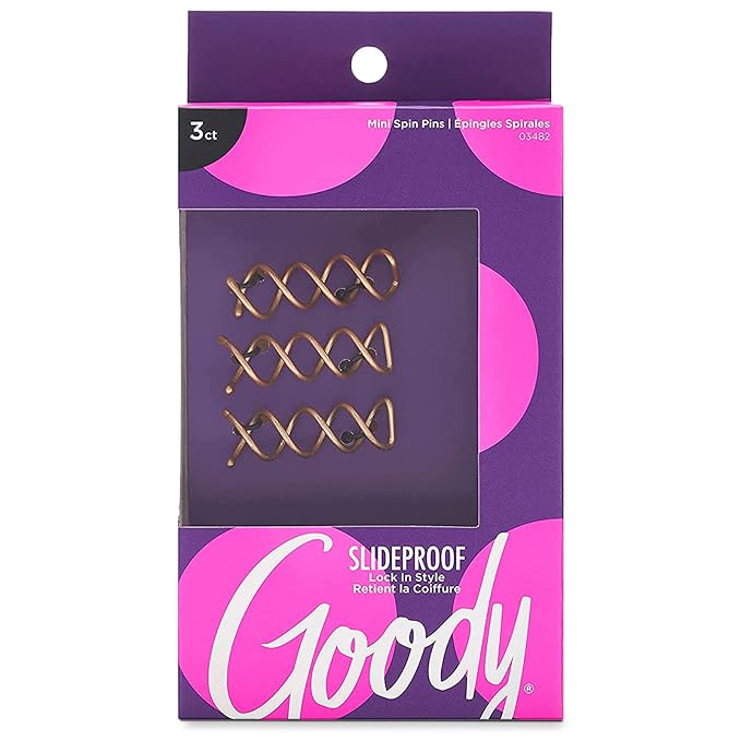 Goody SlideProof Mini Spin Pins - 3 Ct, Assorted Colors, Spiral Hair Pins, Quick & Easy Buns, All-Day Twist Pins, Corkscrew Bobby Pins, Pain-Free Hair Accessories for Women & Men, All Hair Types