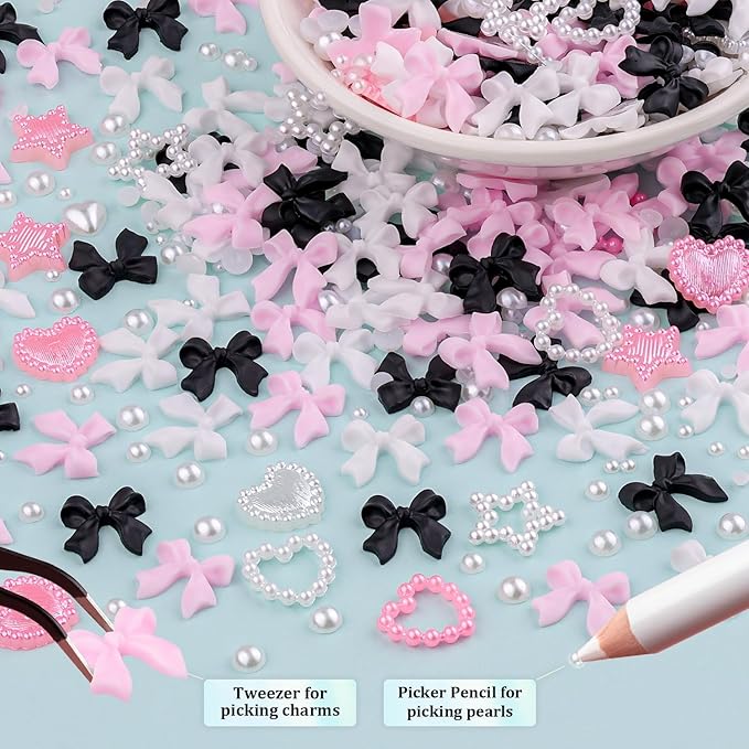 600 Pcs 3D Cute Nail Charms and Flatback Pearls Set 3, Pink&White&Black Nail Bows + Pink&White Star Heart Cute Nail Jewels + 2-4mm White Nail Pearls for Nail Art DIY Decoration with Pickup Tools