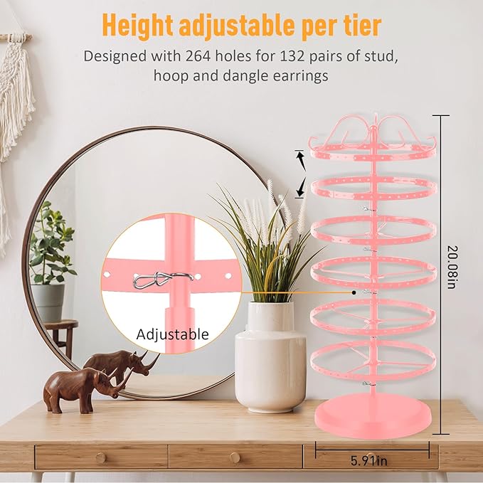 6 Tier Rotating Jewelry Organizer Stand, 230 Holes Earring Holder Organizer for Women Girls, Spinning Earring Tree with Ring Holder, Wide Base for Bracelets Watches Lipstick