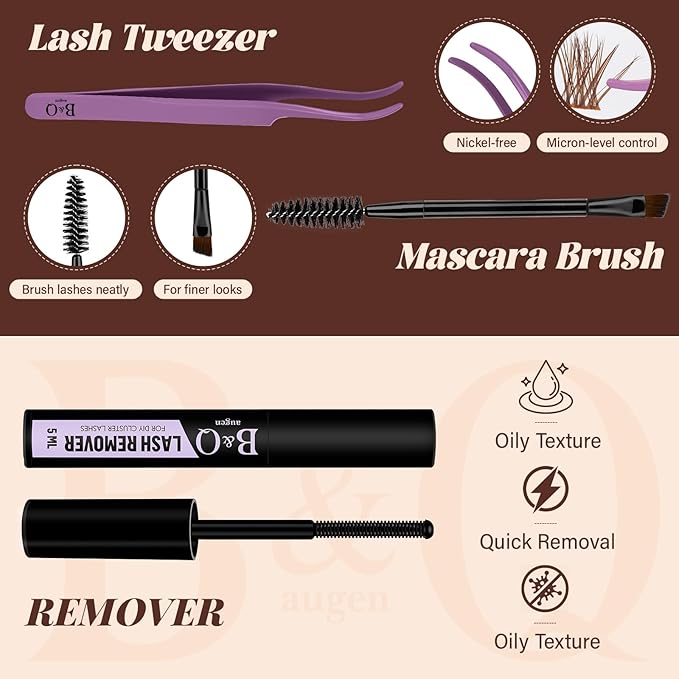 B&Q Brown Lash Clusters Kit Natural Mochalash Clusters 03, Wispy Eyelash Clusters Kit C-Curl Cluster Eyelash Extensions 8-16mm Brown Lash Eyelashes Kit for Fair/Dark Hair(Mochalash 03 Set)