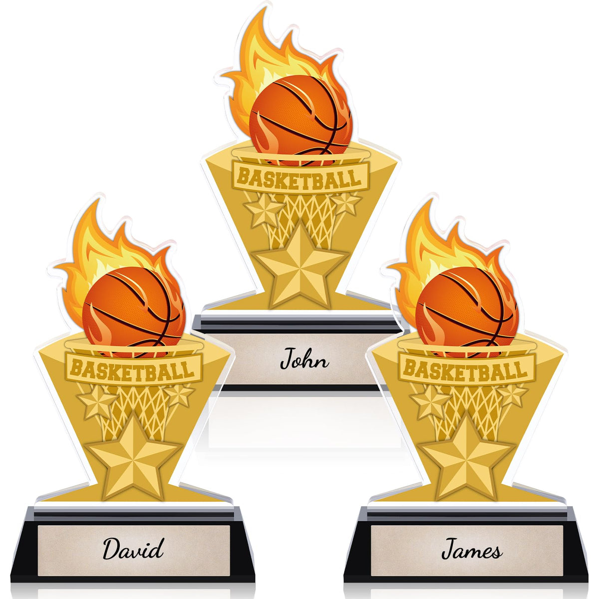 Gerrii Acrylic Trophies Awards with DIY Name Stickers Pack of 3 Champion Trophy Medals Team Reward Gift for Basketball Softball Baseball Competition Contest Tournament, 5.8/6.14/6.38inch(Basketball)
