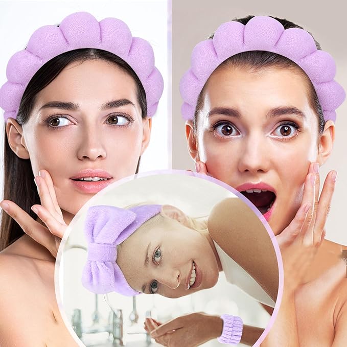 6 Pcs Terry Cloth Spa Headbands and Wristbands - Sponge Makeup Removal Headbands for Skincare, Shower, and Face Washing