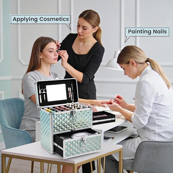 FRENESSA Extra Large Makeup Organizer Case Cosmetic Box Storage with Drawer Mirror Nail Manicure Accessory Organizer With Dividers Travel Nail Art Case for Makeup Artist Nail Tech Case Watery Blue