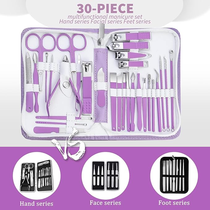 Manicure Set Women Personal Nail Care Kit, 30 in 1 Professional Manicure Kit for Women Pedicure Kit, Nail Clipper Set and Beauty Tool Portable Set, with Luxurious Travel Case (Purple)
