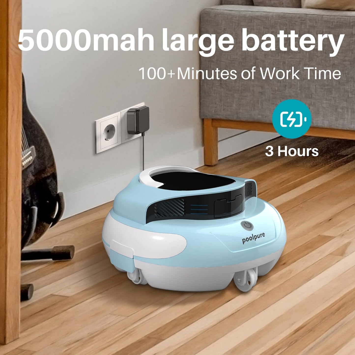 POOLPURE Cordless Robotic Pool Cleaner - Dual 30W Motors, 100Min Runtime, for Above & In-Ground Pools Up to 1000 Sq.Ft, Auto-Parking, Advanced Waterproof Technology (Blue)
