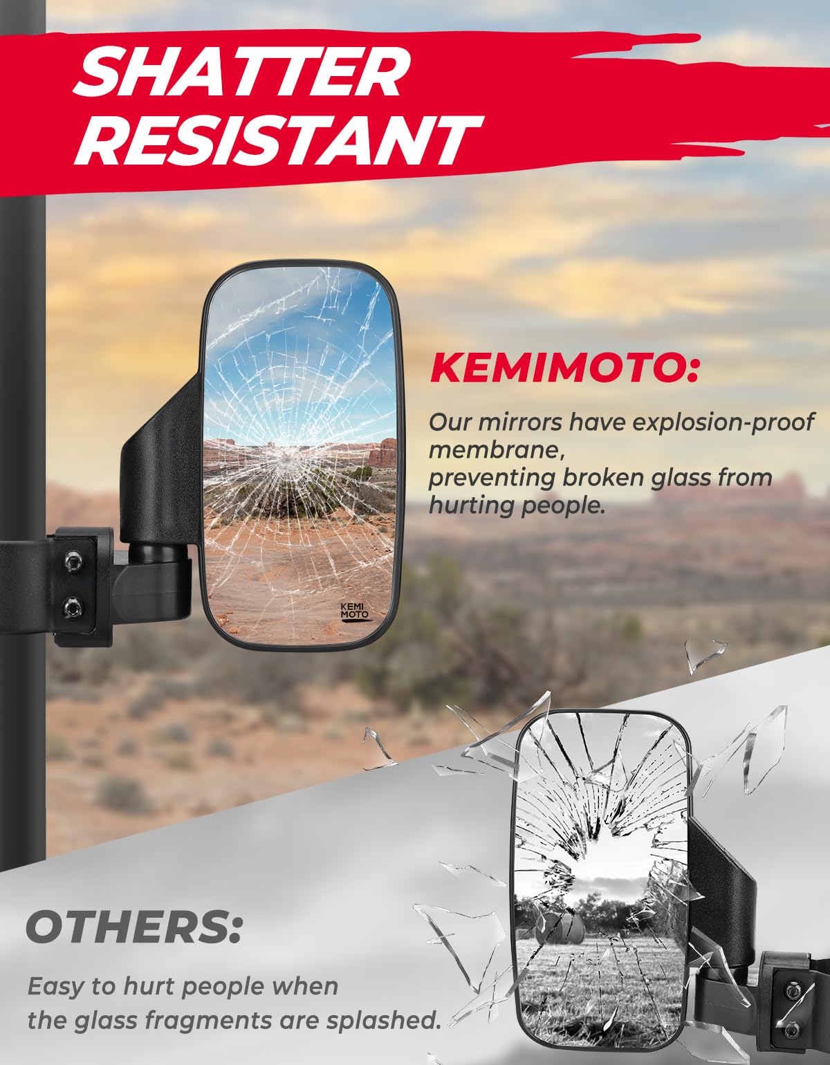 KEMIMOTO UTV Mirrors UTV Side Mirrors Fits 1.6 inch to 2 inch Roll Cage Compatible with Polaris RZR 900 1000 Can Am Kawasaki Teryx Mule Rhino YXZ Zforce Pioneer 1000/700, Shatter Proof Tempered Glass