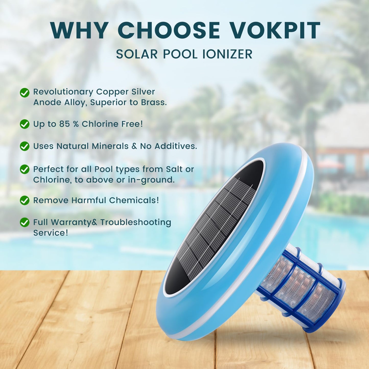 Pool Ionizer Solar Powered,Copper Ionization,Floating Automatic Water Cleaner and Purifier,Up to 45,000 Gal,85% Less Chlorine, Chlorine Free Water,Smart Replacement