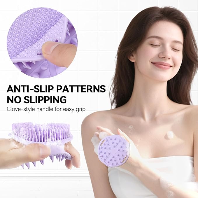 2-Pack Soft Silicone Dual-Sided Body Scrubber & Loofah | Gentle Exfoliating Shower Brush for Men & Women | Creates Rich Lather, Easy to Clean (Green & Purple)