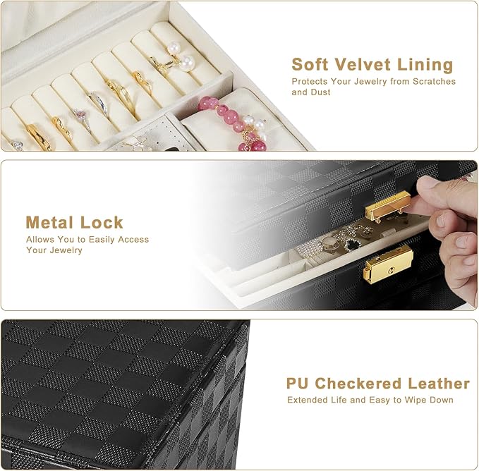 GUOER Jewelry Box for Women Girl Wife - Large PU Leather Jewelry Organizer Storage Case with Two Layers Display for Earrings Bracelets Rings Watches (Checkered Black)