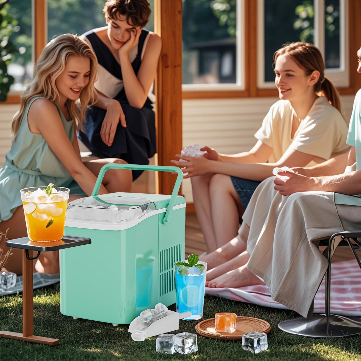 NEWBULIG Ice Makers Countertop with Handle, Portable Ice Machine, 9 Bullet Ice Cubes in 6 Mins, 26lbs in 24Hrs, Auto-Cleaning, with Basket and Scoop, for Home, Kitchen, RV, Camping,Green