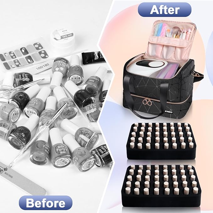 Nail Polish Organizer Holds 80 Bottles (15ml/0.5 fl.oz)& Nail Lamp, PU Leather Nail Organizers and Storage Bag with Shoulder Strap, Portable Nail Supplies Kit Organizer Carrying Case (Black)