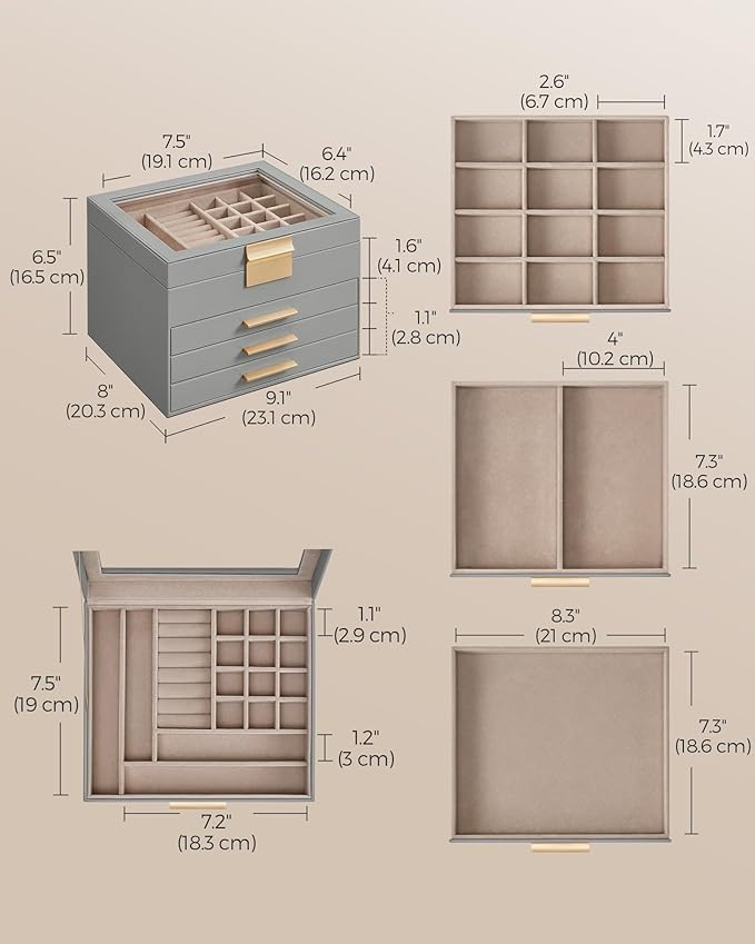 SONGMICS GISELLA Collection - Jewelry Box Organizer, 4-Layer Jewelry Storage with 3 Drawers, Shiny Metal Hardware, Glass Lid, Modern, 8 x 9.1 x 6.5 Inches, Dove Gray and Gold Color UJBC173G01