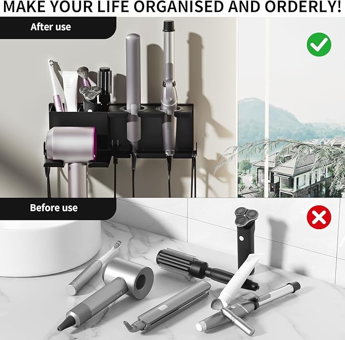 YSD Hair Dryer Holder Wall Mounted, Metal Hair Tools Organizer, Hair Dryer Holder for Blow Dryer, Curling Iron, Straightener, 3 in 1 Bathroom Hair Tool Organizer, Black