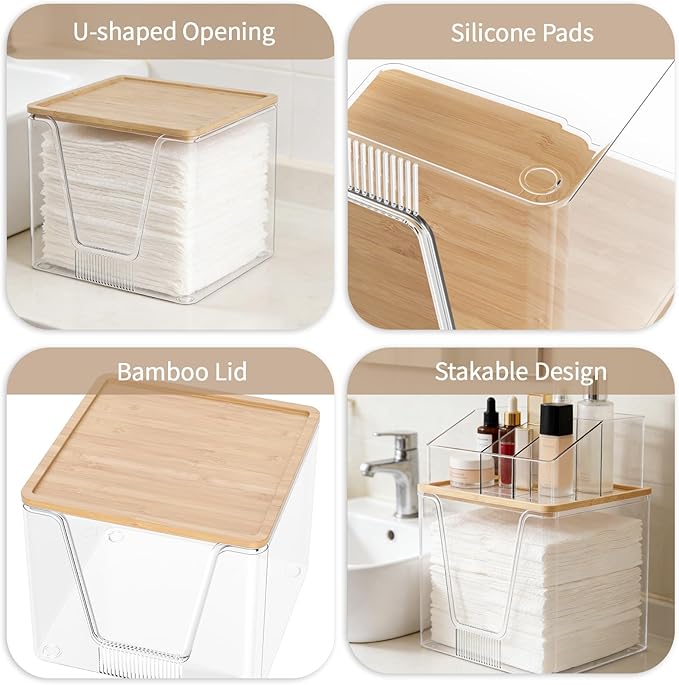 2 in 1 Disposable Facial Towel Holder and Cosmetic Organizer, Clear Storage with Bamboo Lid Compatible with Clean Skin Club Towel XL, Stackable Vanity Organizer for Bathroom Vanity Counter (1 Pack)