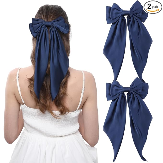 2PCS Big Hair Bow Clips for Women Girls Ã¢ÂÂ Navy Blue Satin Ribbon Bow Barrettes with Long Tails, Large Hair Accessories for Ponytail, Party, Wedding & Everyday Wear