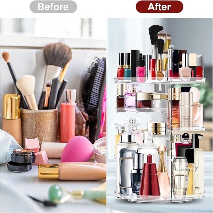 Makeup Organizer 360 Rotating Cosmetic Organizer DIY Adjustable Makeup Carousel Spinning Holder Rack, Large Capacity Cosmetic Storage Box Makeup Brushes Organizer for Vanity Countertop (Clear)