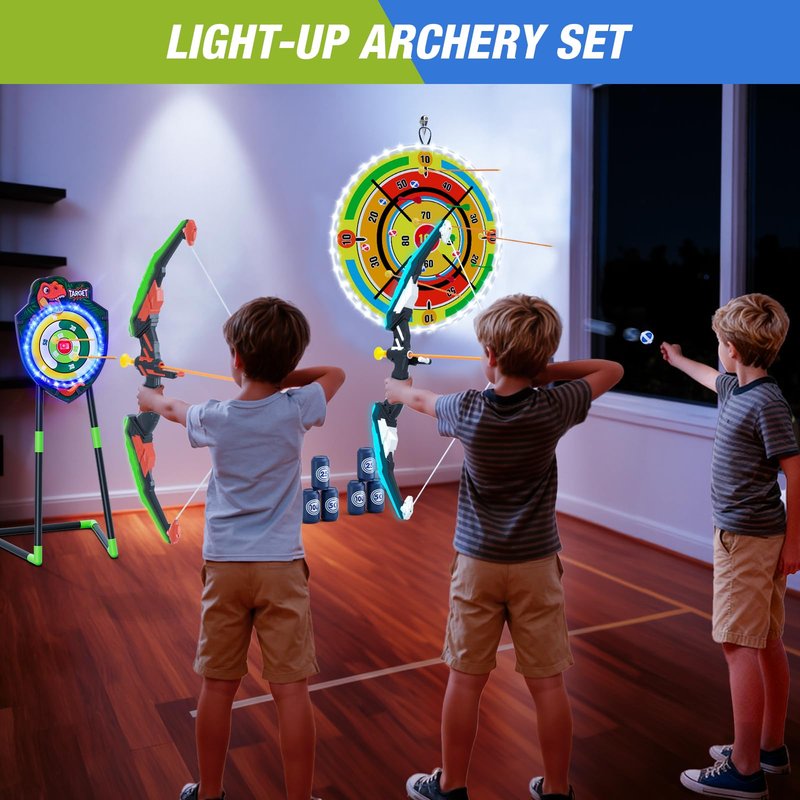 HYES 2 Pack Kids Bow and Arrow with 29" Large Dart Board, LED Light Up Archery Set with 24 Suction Cup Arrows, Indoor Outdoor Sport Toys Gifts for 3 4 5 6 7 8 9 10 11 12 Year Old Boys Girls