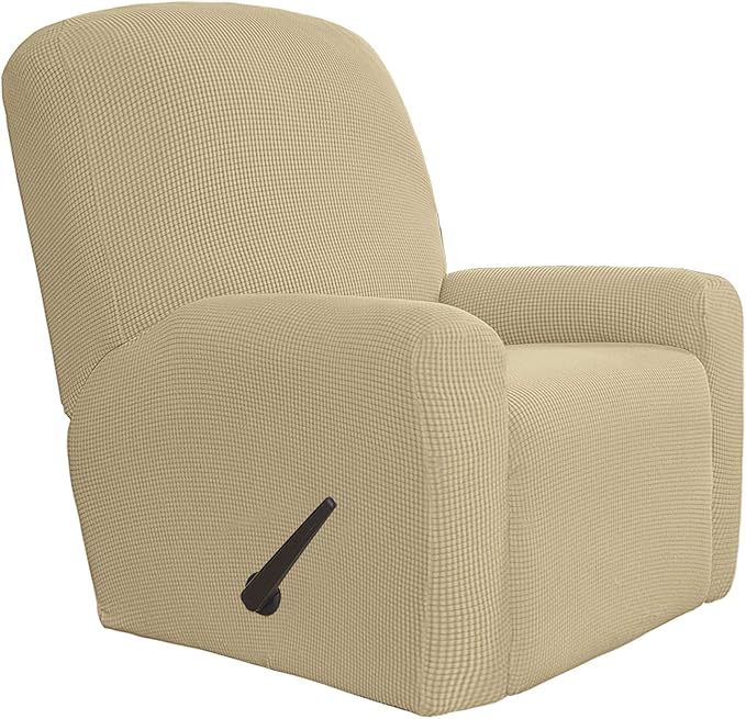 Easy-Going 4 Pieces Oversized Recliner Stretch Sofa Slipcover Sofa Cover Furniture Protector Couch Soft with Elastic Bottom Polyester Spandex Jacquard Fabric Small Checks Beige X-Large