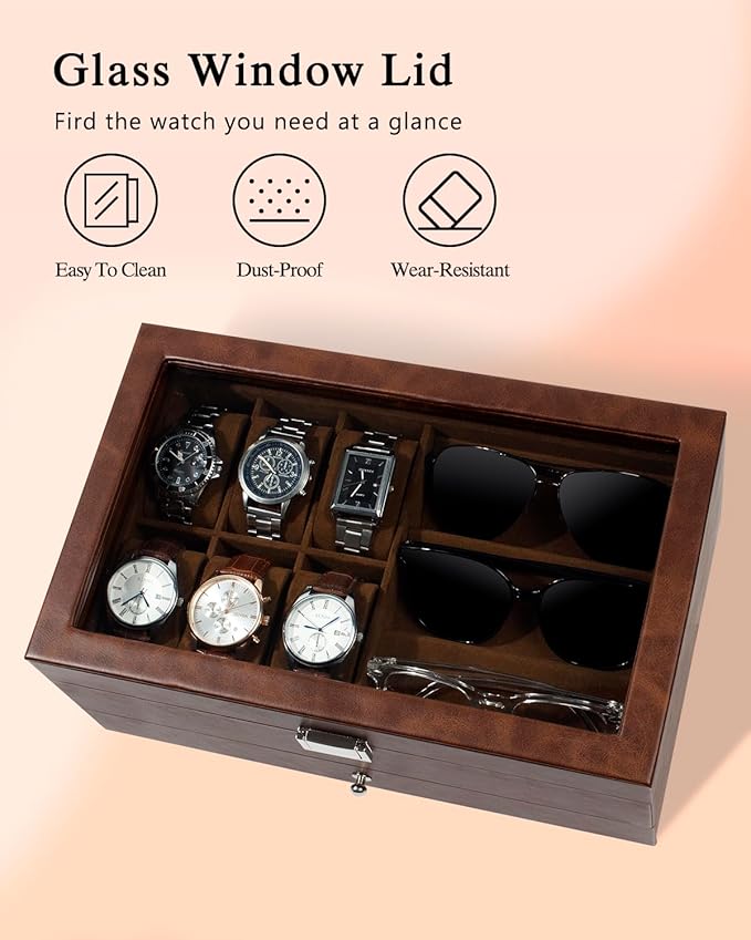 GUKA Watch box, 6 Slot Watch Case, 3 Slot Sunglass Organizer, Watch Cases for men with Real Glass Lid, Watch Organizer storage with Jewelry Case, Birthday for Men and Women,
