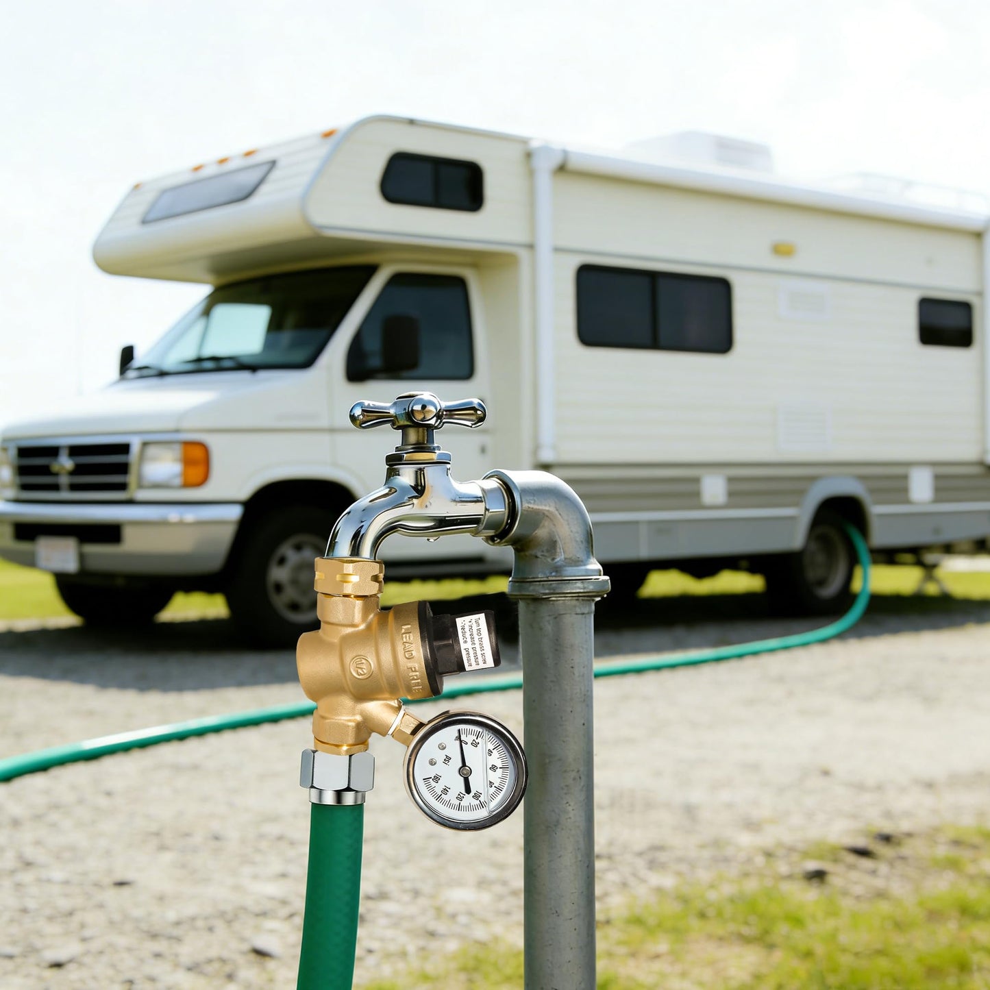 Hourleey Water Pressure Regulator Valve, RV Brass with Gauge and Inlet Screened Filter for Camper Trailer