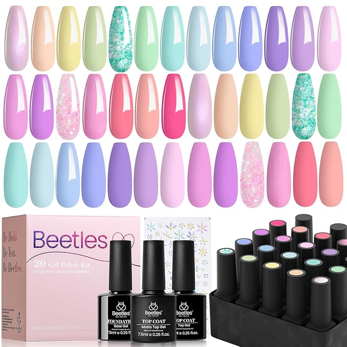 Beetles Pink Gel Nail Polish Set, 20 Color Macaron Colors Bright Pink Green Pastel Nail Polish Kit with Base Gel Glossy & Matte Top Coat Soak off Uv Nail Art Valentines Spring Gifts for Women