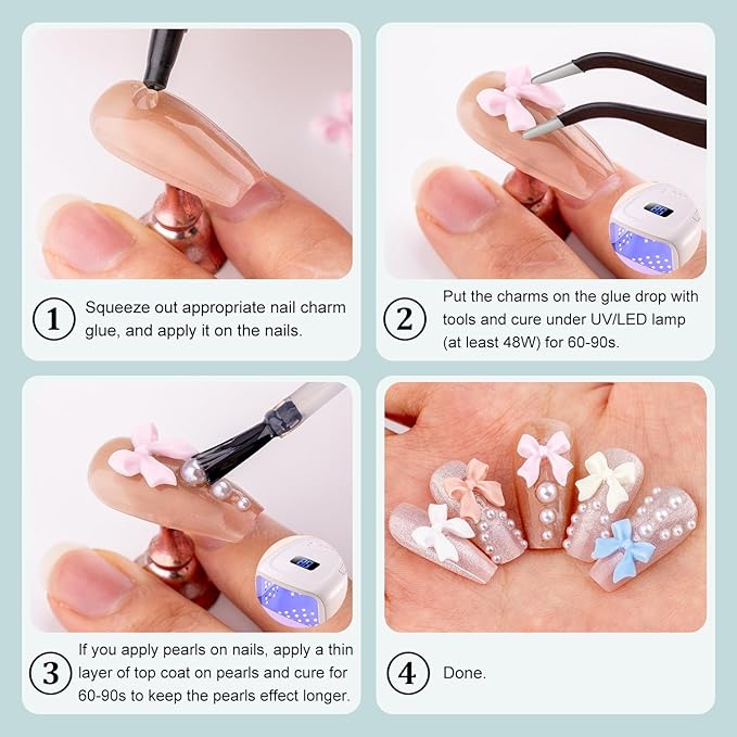 600 Pcs 3D Nail Charms and Flatback Pearls #4, 8 Colors Bow + Pink&White Star Heart Moon Cute Charms + 2-6mm White Pearls for Nail Art Design with Nail Charm Glue(UV Needed) and Pickup Tools