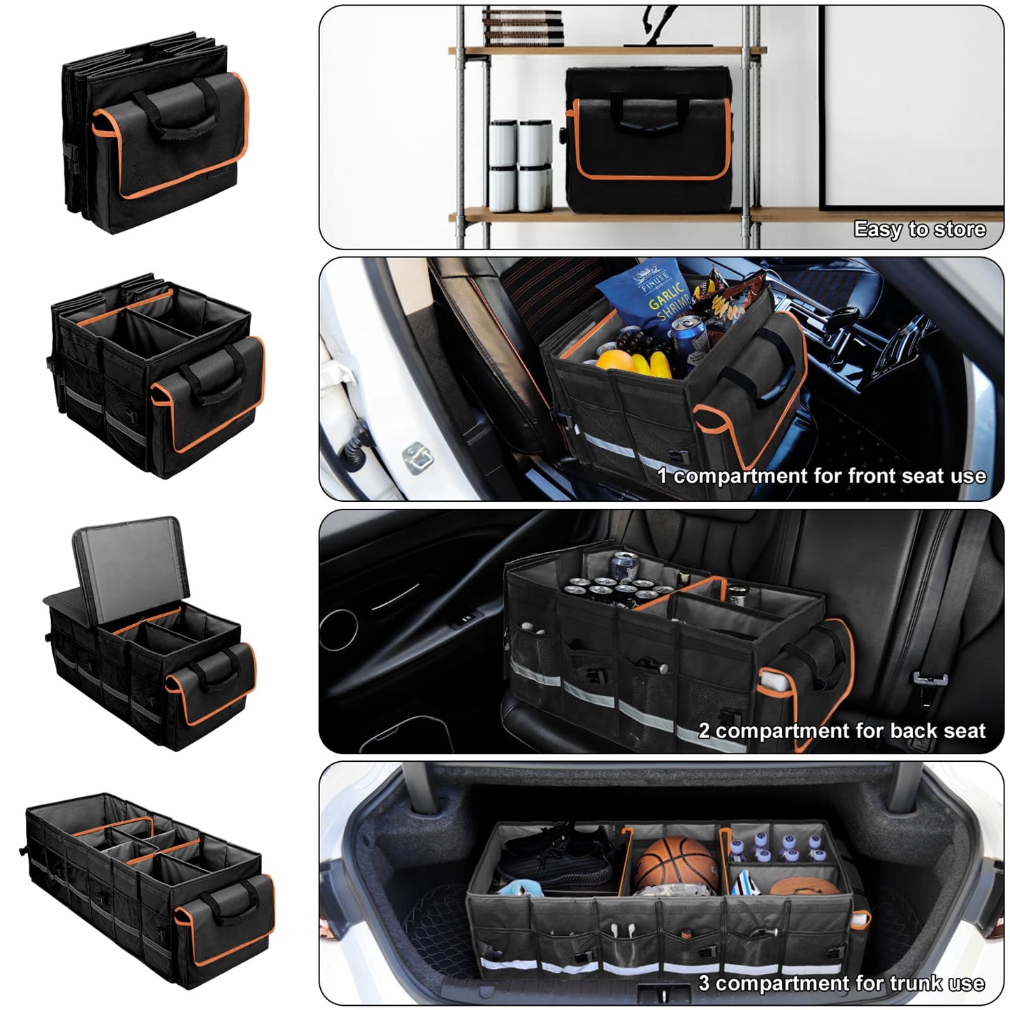 Car Trunk Organizer and Storage with Lid & Removable Leakproof Cooler Bag, Car Accessories 6 Removable Dividers for Custom Space, Collapsible Large Trunk Organizers Interior for SUV Sendan with Cover