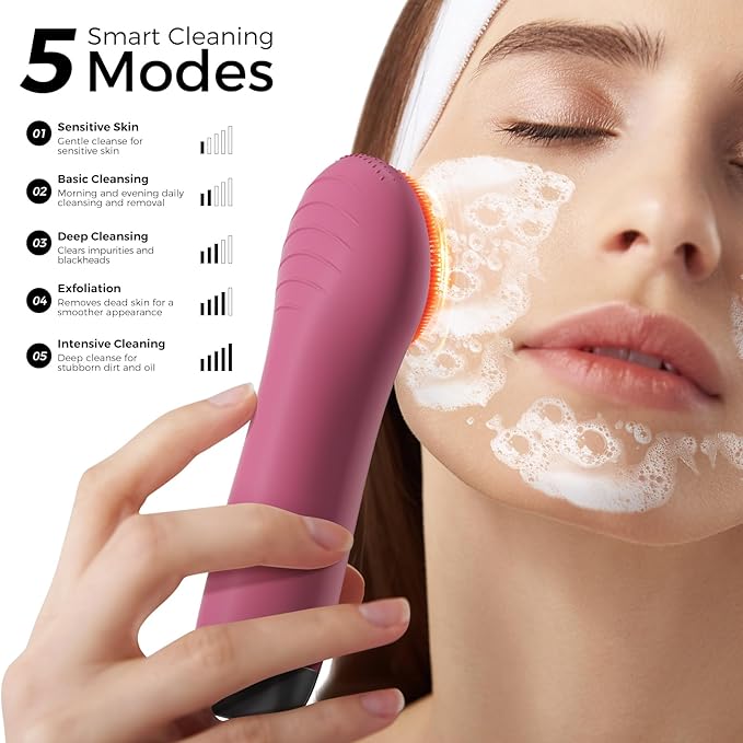 Face Scrubber Facial Cleansing Brush - Waterproof and Rechargeable Face Cleansing Brush with 4 LED Gentle Light, Cleansing, Exfoliating and Massaging, Electric Face Scrub Brush for Men & Women