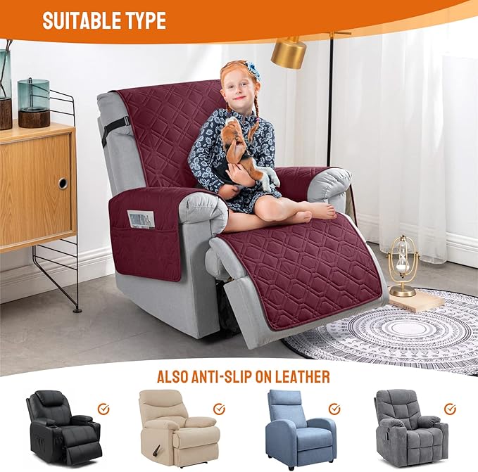 VANSOFY 100% Waterproof Recliner Chair Covers, Recliner Cover Non-Slip Dog Chair Cover Furniture Protector Washable Slipcover with Pocket, Elastic Straps for Pets, Dogs(Burgundy, 25")